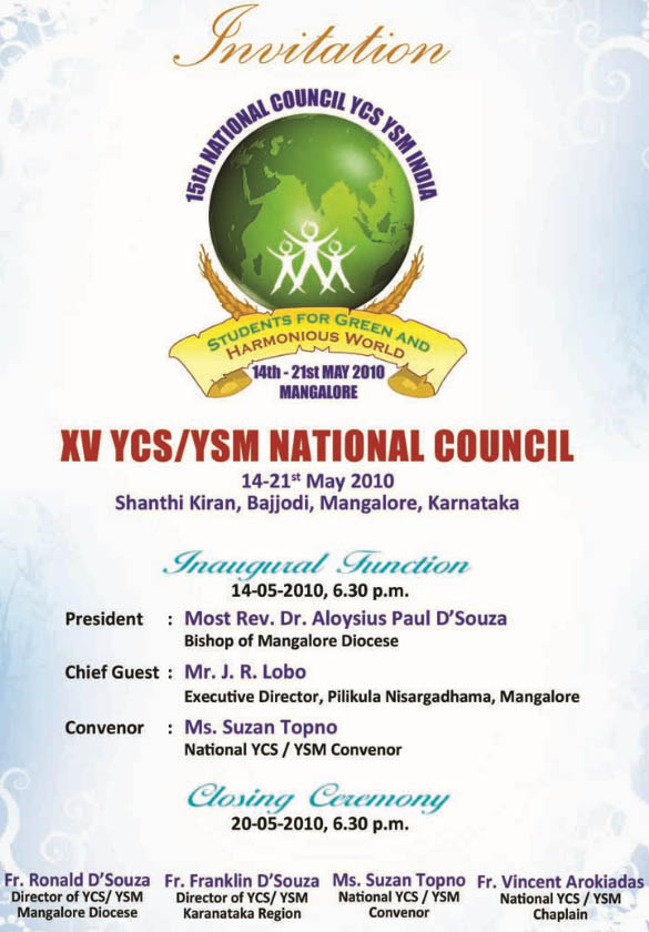 Invitation of 15th YCS / YSM National Council from 14-21st May 2010 at Mangalore
